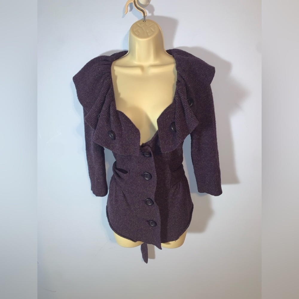 Charlie & Robin wool button ruffle collar purple tie back cardigan size small